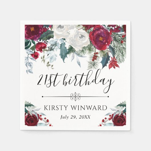 Serviette En Papier Fleurs d'hiver rouges et blanches Anniversaire (Devant)