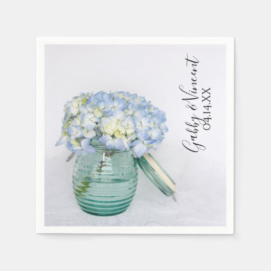 Serviette En Papier Fleurs d'Hydrangée Bleue dans Jar Vase Mariage (Devant)