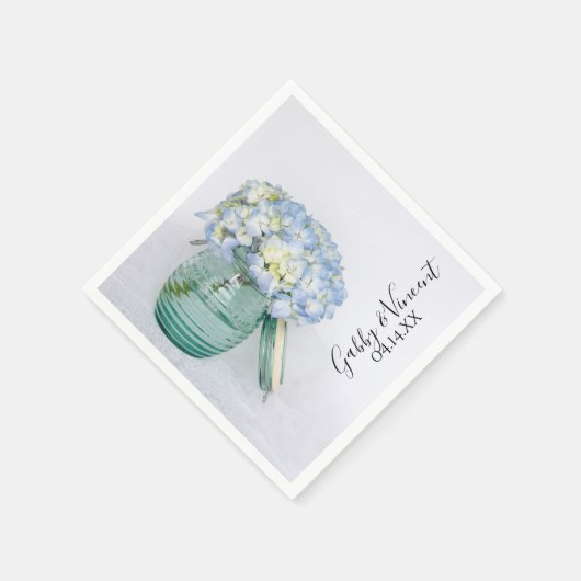 Serviette En Papier Fleurs d'Hydrangée Bleue dans Jar Vase Mariage (Coin)