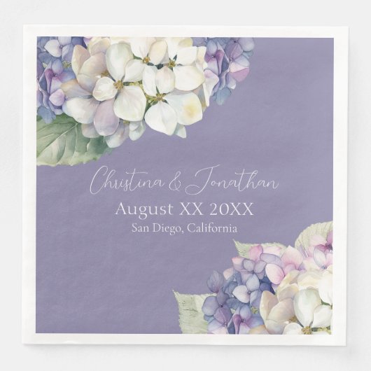 Serviette En Papier Fleurs d'hydrangée violette et blanche sur lavande (Devant)