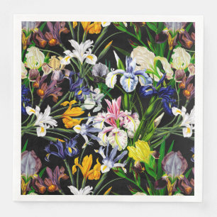 Serviette En Papier Fleurs d'Iris victoriennes colorées sur Motif noir