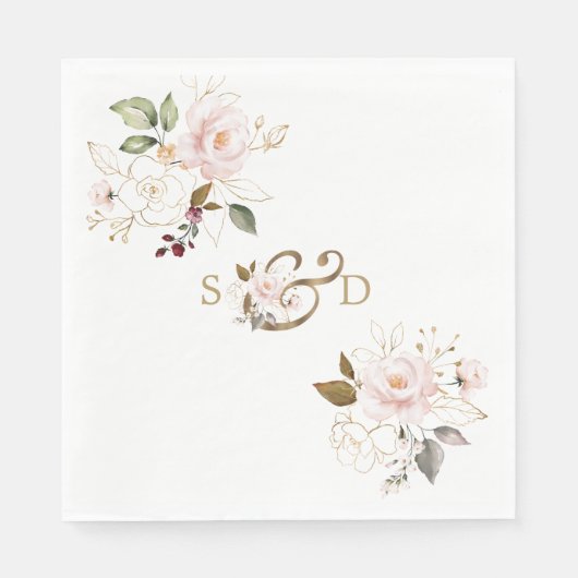 Serviette En Papier Fleurs d'or Blush Whimsical Monogram Mariage (Devant)