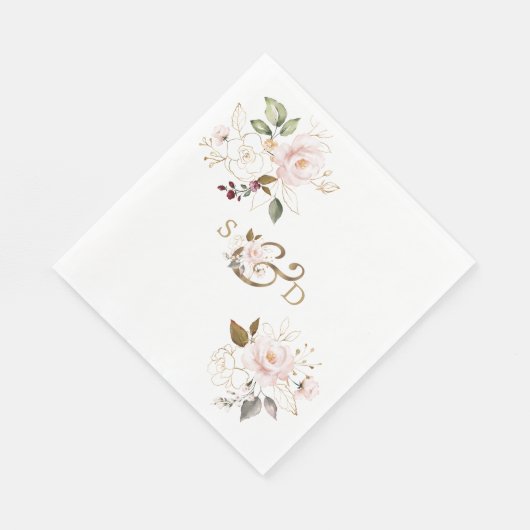 Serviette En Papier Fleurs d'or Blush Whimsical Monogram Mariage (Coin)