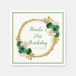 Serviette En Papier Fleurs élégantes de vert foncé et d'or Fête d'anni