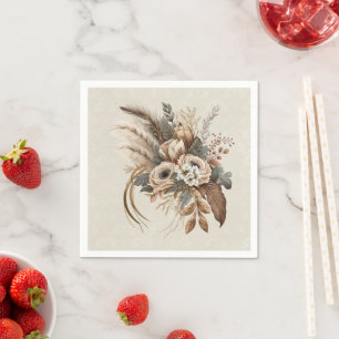 Serviette En Papier Fleurs Élégantes Feuillage et plumes