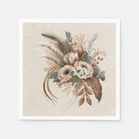 Serviette En Papier Fleurs Élégantes Feuillage et plumes (Devant)