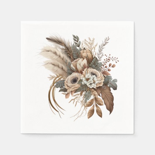 Serviette En Papier Fleurs Élégantes Feuillage et plumes (Devant)