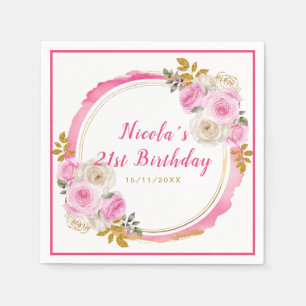 Serviette En Papier Fleurs élégantes roses et or brillantes Anniversai