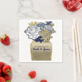 Serviette En Papier Fleurs en pot Mason Rustique Bleu Or Floral Mariag (En situation)