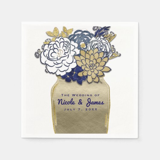 Serviette En Papier Fleurs en pot Mason Rustique Bleu Or Floral Mariag (Devant)