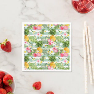 Serviette En Papier Fleurs et ananas Turquoises rayures