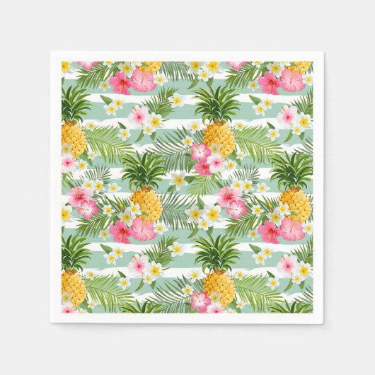 Serviette En Papier Fleurs et ananas Turquoises rayures (Devant)
