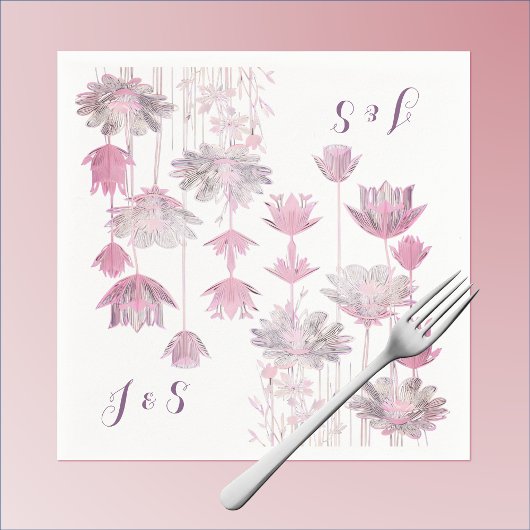 Serviette En Papier Fleurs et initiales roses délicates