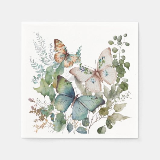 Serviette En Papier Fleurs et papillons verts romantiques (Devant)