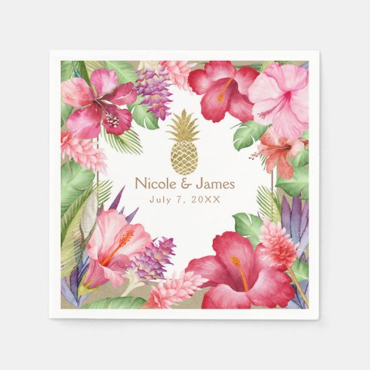 Serviette En Papier Fleurs exotiques tropicales et ananas doré élégant (Devant)
