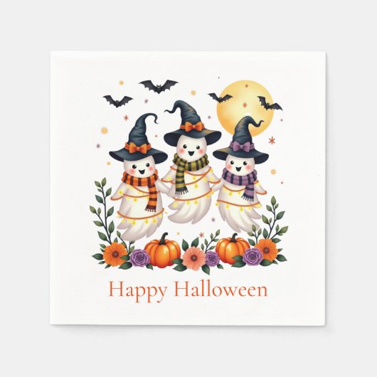 Serviette En Papier Fleurs Fantômes mignons Chats Citrouille Halloween (Devant)