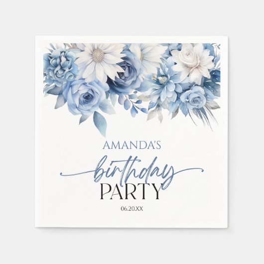 Serviette En Papier Fleurs florales bleu Dusty Fête d'anniversaire (Devant)