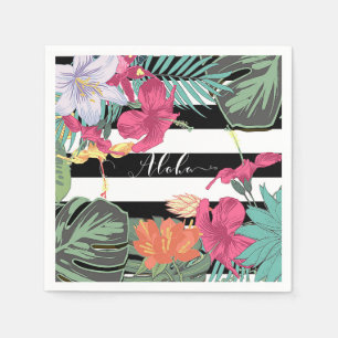 Serviette En Papier Fleurs Florales Tropicales Bandes Noires et Blanch