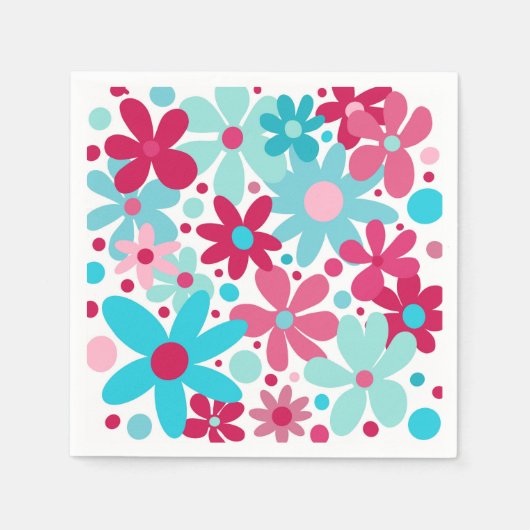 Serviette En Papier Fleurs funky bleu et rose (Devant)