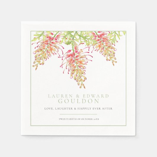 Serviette En Papier Fleurs Grevillea aquarelle mariage vert blanc (Devant)
