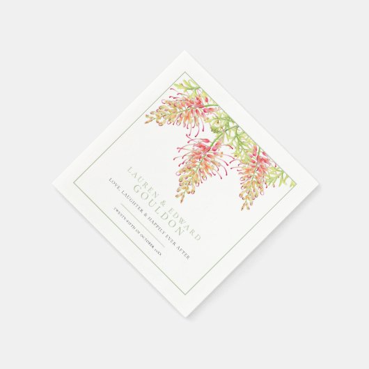 Serviette En Papier Fleurs Grevillea aquarelle mariage vert blanc (Coin)