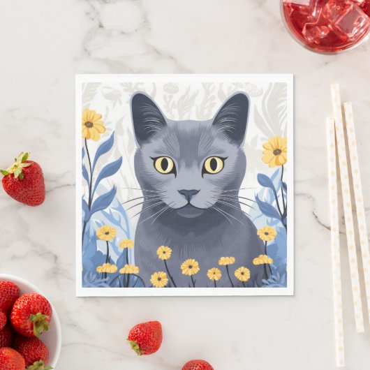 Serviette En Papier Fleurs Jaunes Chat Bleu Russe (En situation)