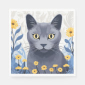Serviette En Papier Fleurs Jaunes Chat Bleu Russe (Devant)