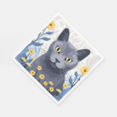 Serviette En Papier Fleurs Jaunes Chat Bleu Russe (Coin)