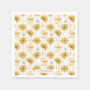 Serviette En Papier Fleurs jaunes et blanches - Plaid doré déprimé