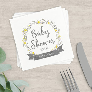 Serviette En Papier Fleurs jaunes et Feuilles gris Baby shower de cour