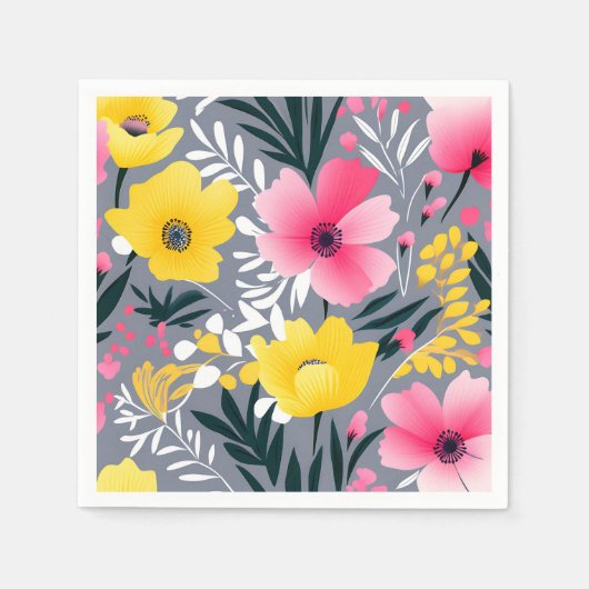 Serviette En Papier Fleurs Jaunes Et Roses Vibrantes Sur Gris (Devant)