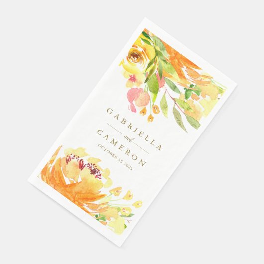 Serviette En Papier Fleurs Jaunes Rustiques Mariage d'aquarelle (Coin)