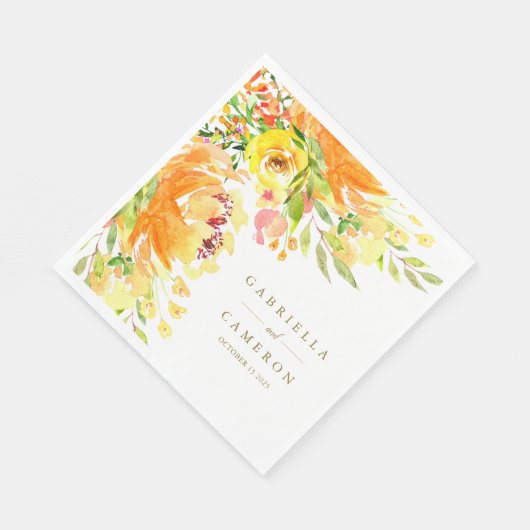Serviette En Papier Fleurs Jaunes Rustiques Mariage d'aquarelle (Coin)