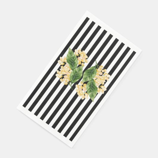 Serviette En Papier Fleurs jaunes sur rayures noir et blanc (Coin)