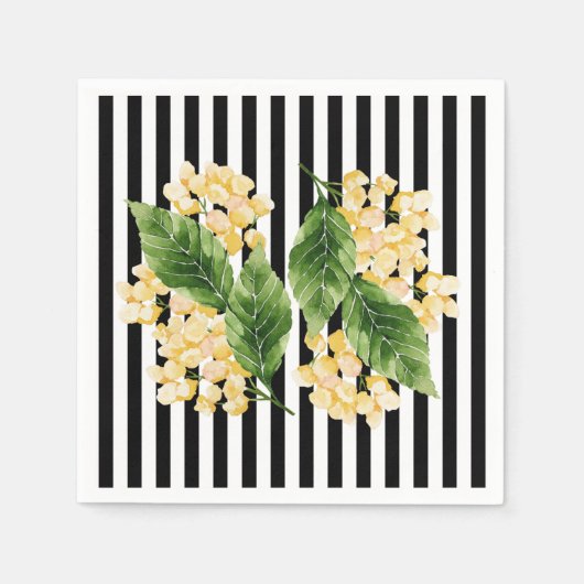 Serviette En Papier Fleurs jaunes sur rayures noir et blanc (Devant)
