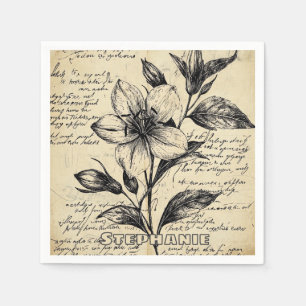 Serviette En Papier Fleurs Marron Antique Calligraphie Parchemin