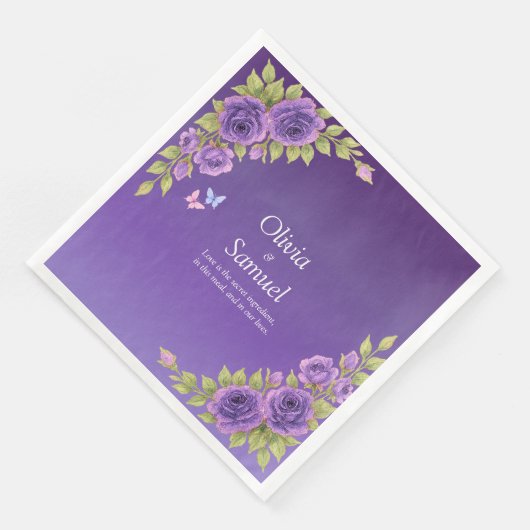 Serviette En Papier Fleurs mauves violettes et Mariage blanc (Coin)