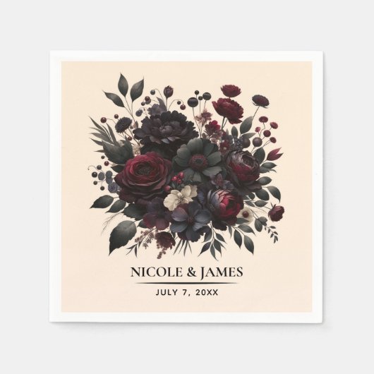 Serviette En Papier Fleurs Moody foncé Élégant Mariage à la crème flor (Devant)