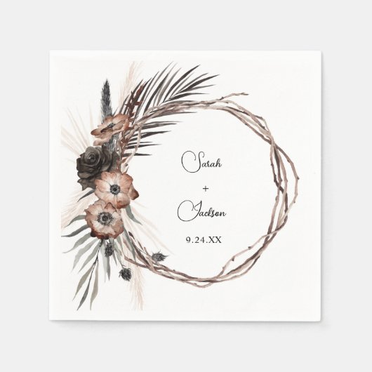 Serviette En Papier Fleurs Naturelles & Noires Boho Rustique Nom V2 (Devant)