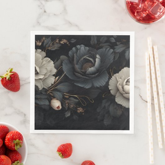 Serviette En Papier Fleurs noires et blanches (En situation)