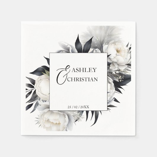 Serviette En Papier Fleurs noires et blanches modèle mariage (Devant)