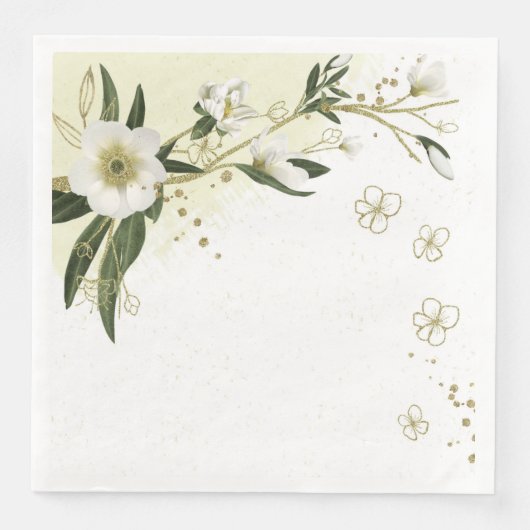 Serviette En Papier fleurs or et blanches feuilles vertes mariage (Devant)