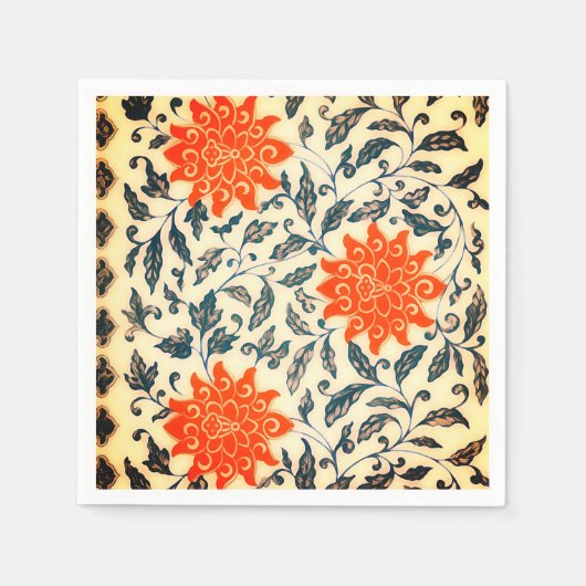 Serviette En Papier Fleurs orange vif motif chinois (Devant)