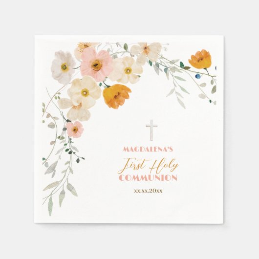 Serviette En Papier Fleurs pastel et verdure Première communion sainte (Devant)