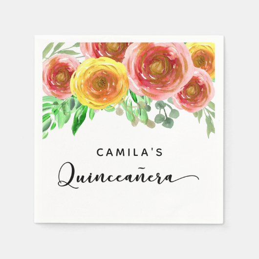 Serviette En Papier Fleurs Quinceañera Aquarelle Élégante Moderne (Devant)