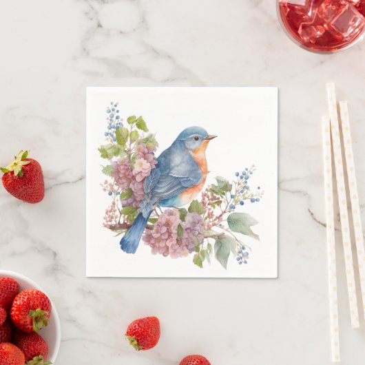 Serviette En Papier Fleurs romantiques et oiseau bleu (En situation)