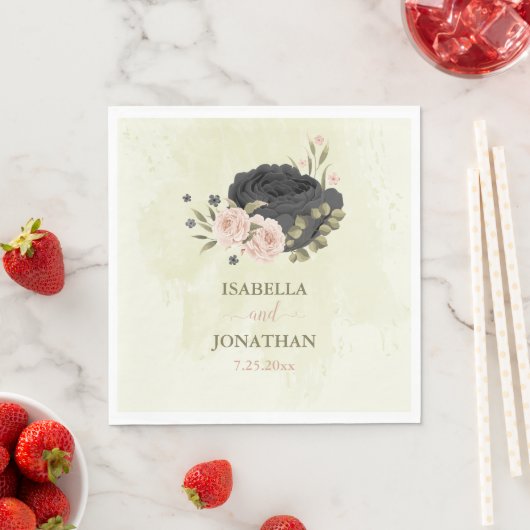 Serviette En Papier fleurs rose blush noir mariage (En situation)