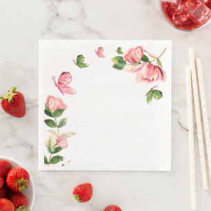 Serviette En Papier fleurs rose chaud feuilles vertes papillons