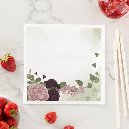 Serviette En Papier fleurs rose et cabernet verdure (En situation)
