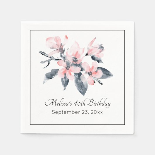 Serviette En Papier Fleurs rose et gris Aquarelle classique Anniversai (Devant)